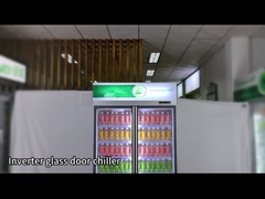 Porta de vidro vertical refrigerador de bebidas prateleira ajustável de frequência variável