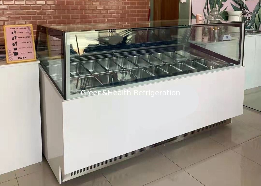 Congelador comercial de gelados com visão panorâmica de 360°, controlo de temperatura digital e frigideiras GN de aço inoxidável