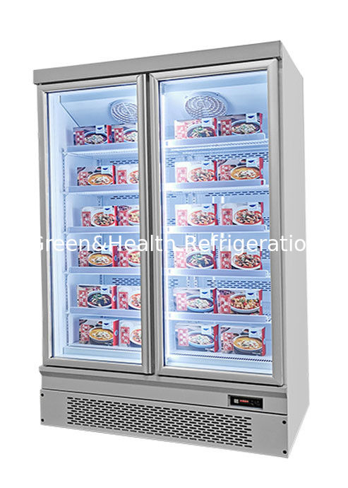 Frigorífico vertical de exibição de alimentos, economizador de energia, com ventilador de arrefecimento e prateleiras ajustáveis para supermercados