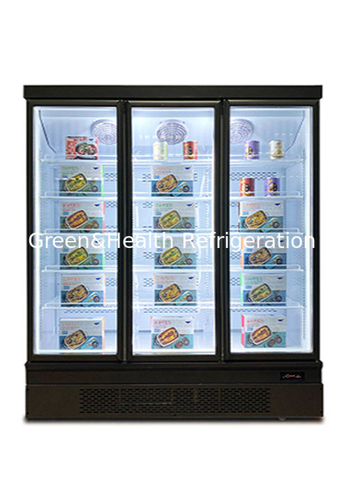 Frigorífico vertical de exibição de alimentos, economizador de energia, com ventilador de arrefecimento e prateleiras ajustáveis para supermercados