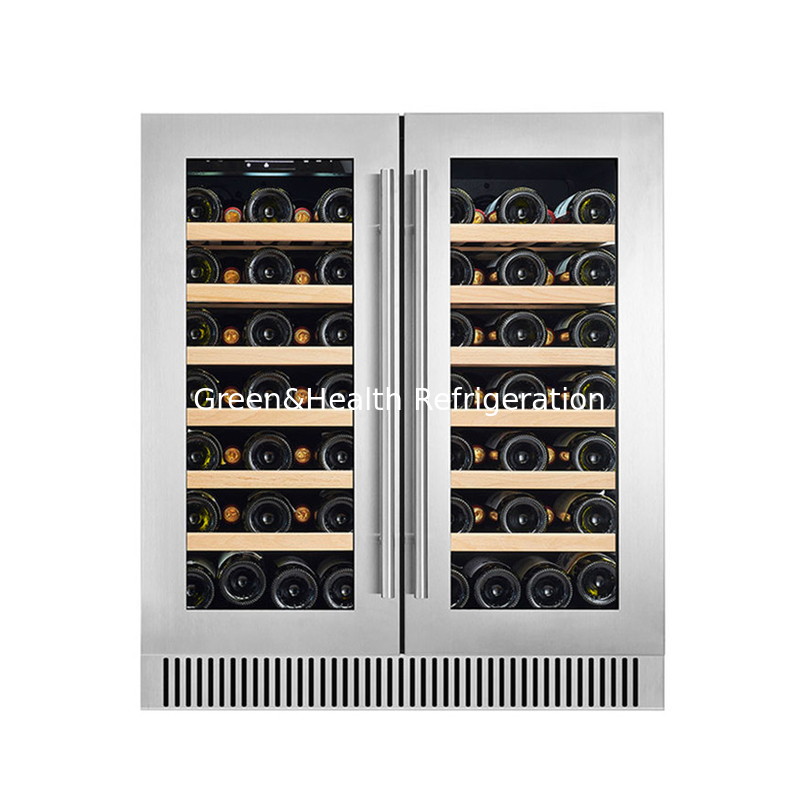 Refrigerador de vinho elétrico preto com prateleiras de madeira Refrigerador de porta de vidro de zona dupla