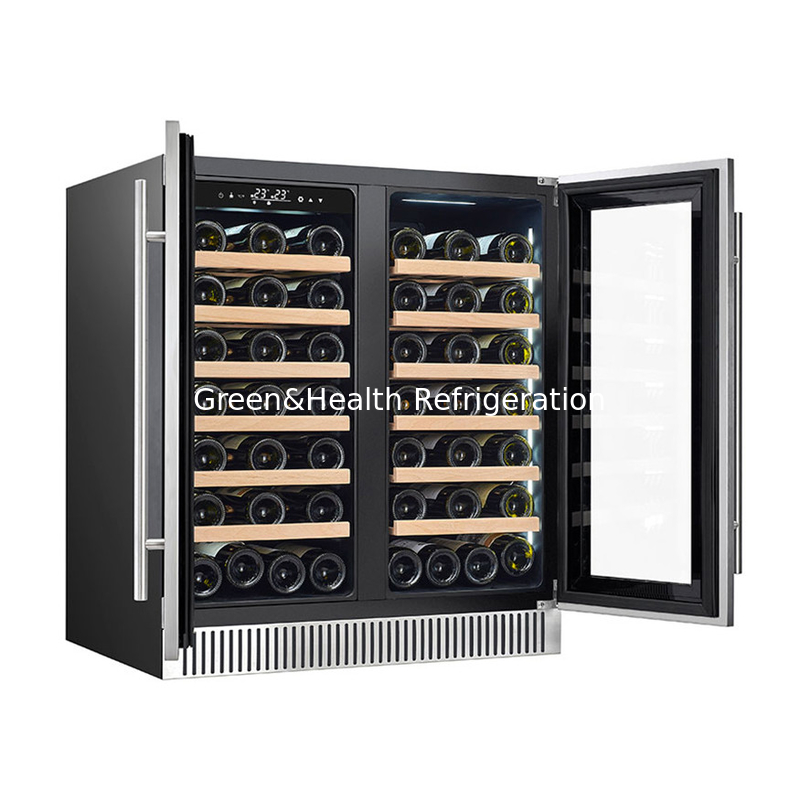 Refrigerador de vinho elétrico preto com prateleiras de madeira Refrigerador de porta de vidro de zona dupla
