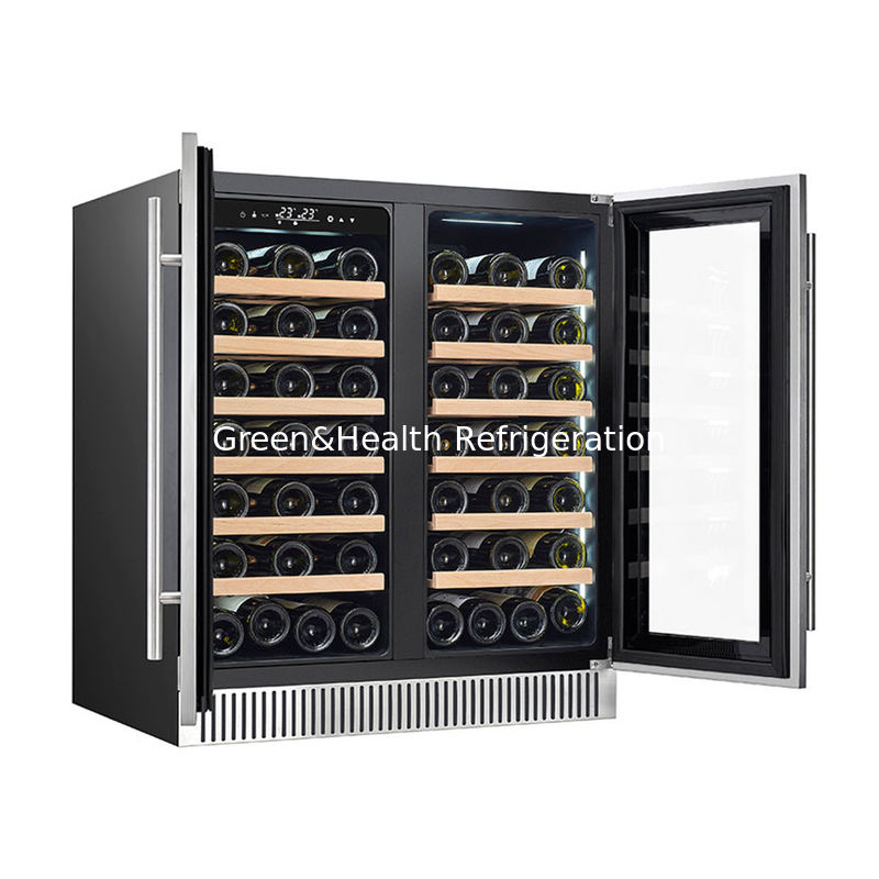 Certificado ETL Refrigerador eléctrico de vinho preto com prateleiras de madeira Refrigerador de porta de vidro de zona dupla