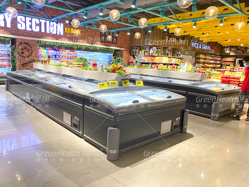 8 Ft Grande Supermercado Ilha Display Porta de Vidro Deslizante Congelador Para Armazenamento de Frango