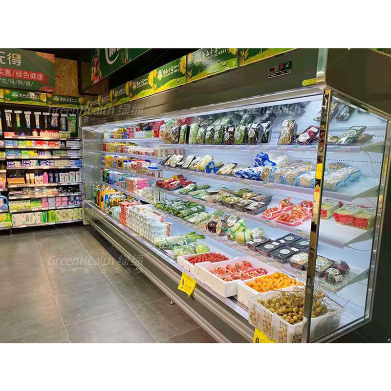 Frigorífico de tela aberta com 4 prateleiras e 5 espaços de exibição a 2-8.C