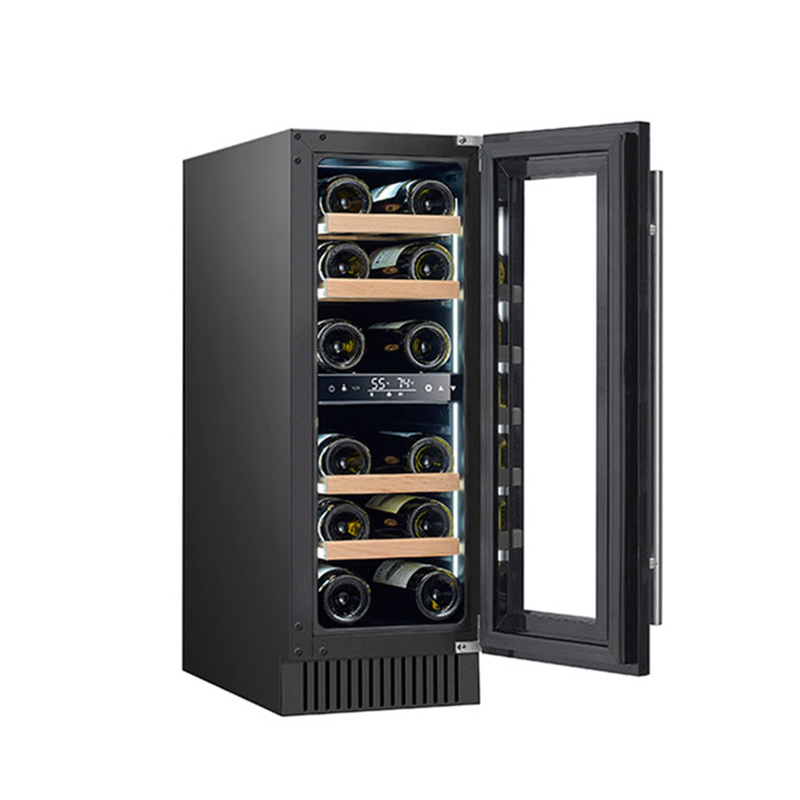 Frigorífico elétrico de vinho preto de 60 garrafas com portas de vidro e prateleiras de madeira