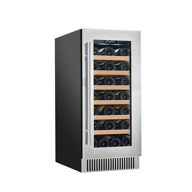 Frigorífico elétrico de vinho preto de 60 garrafas com portas de vidro e prateleiras de madeira