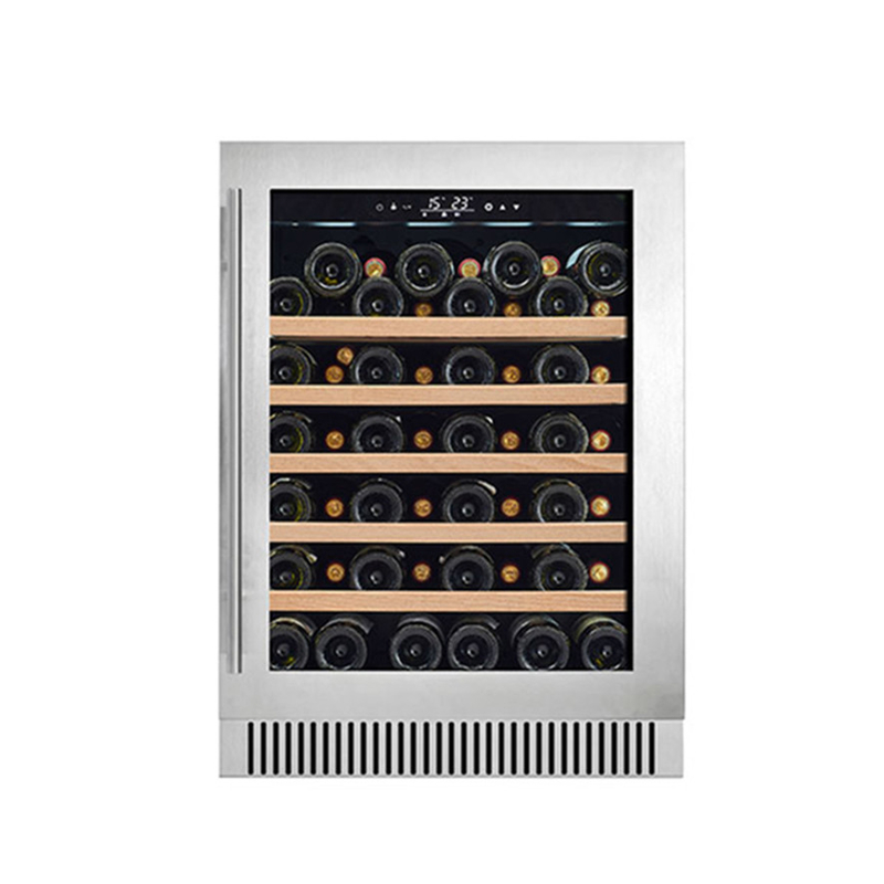 Frigorífico elétrico de vinho preto de 60 garrafas com portas de vidro e prateleiras de madeira