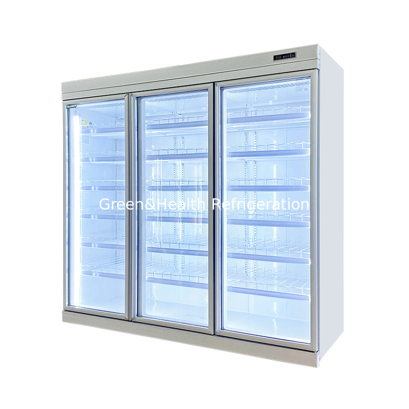 Commercial -18C Auto-contenido Display Vertical Glass Door Freezer para alimentos congelados
