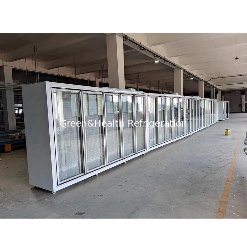 Commercial -18C Auto-contenido Display Vertical Glass Door Freezer para alimentos congelados