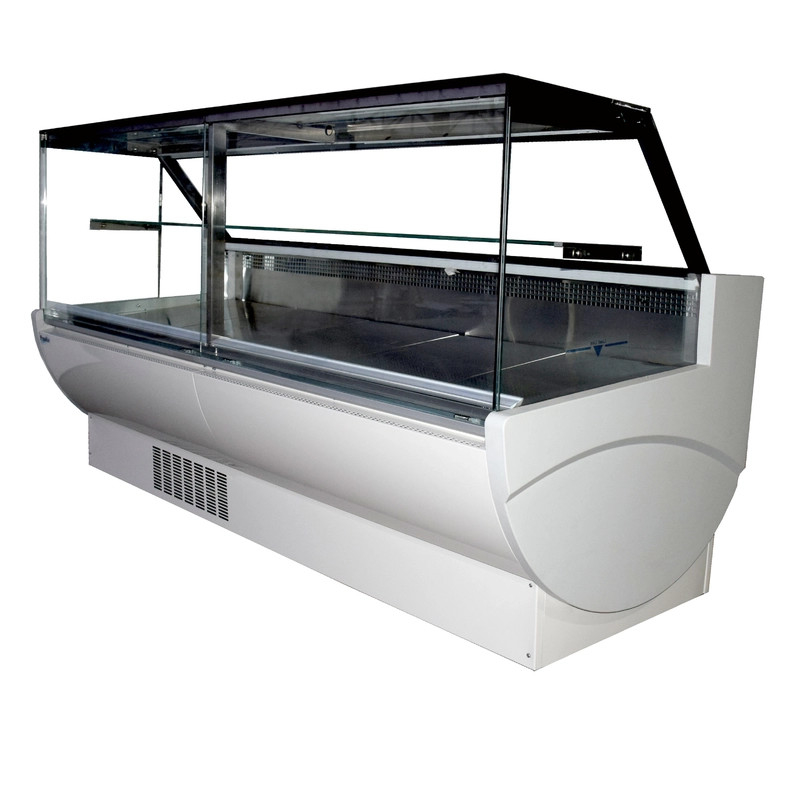 Refrigerador de display de vidro quadrado com porta aberta, faixa de temperatura 2-6°C e desempenho