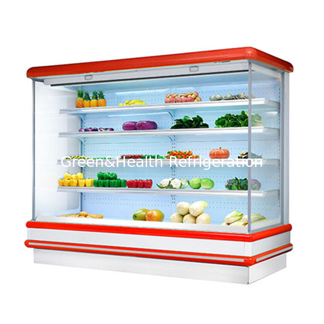 Multideck chiller aberto para supermercado exibição de frutas LED luz vidro congelador