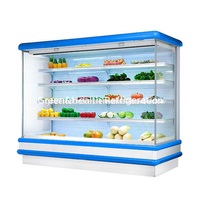 Multideck chiller aberto para supermercado exibição de frutas LED luz vidro congelador