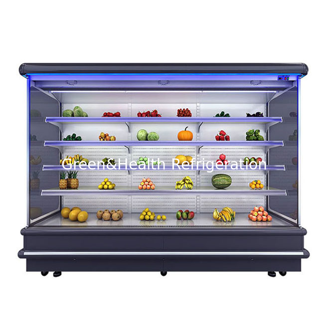 Multideck chiller aberto para supermercado exibição de frutas LED luz vidro congelador
