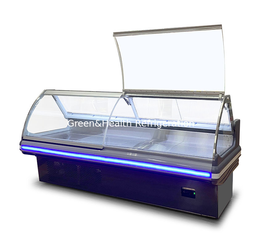Display de armazenamento comercial horizontal de vidro curvo Armazenamento de carne fresca Frigorífico
