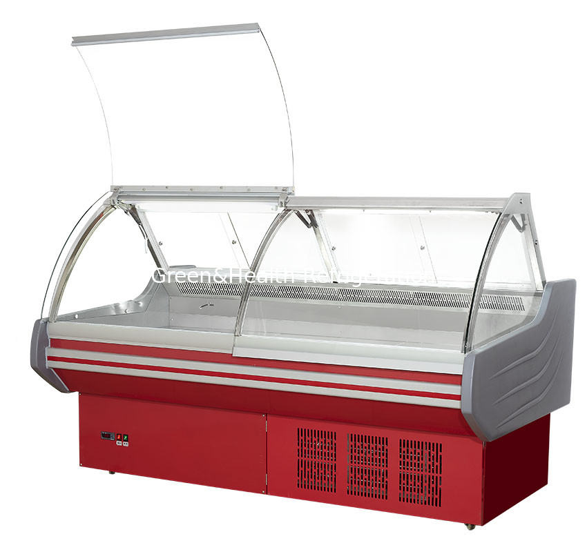 Display de armazenamento comercial horizontal de vidro curvo Armazenamento de carne fresca Frigorífico