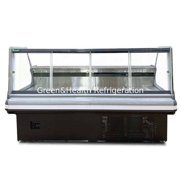 Display de armazenamento comercial horizontal de vidro curvo Armazenamento de carne fresca Frigorífico