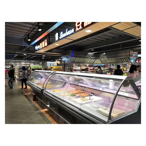 Unidade inferior vidro transparente curvo Refrigerador de alimentos cozidos e display de congelamento Congelador de alimentos cozidos