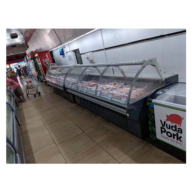 Unidade inferior vidro transparente curvo Refrigerador de alimentos cozidos e display de congelamento Congelador de alimentos cozidos