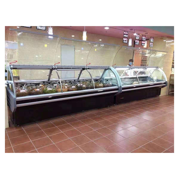 Unidade inferior vidro transparente curvo Refrigerador de alimentos cozidos e display de congelamento Congelador de alimentos cozidos