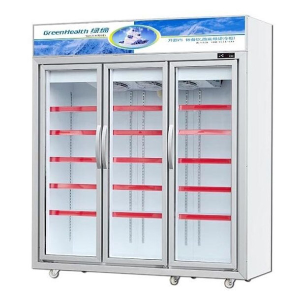 Supermercado / loja com três portas de vidro equipadas com frigoríficos de exibição de congelação