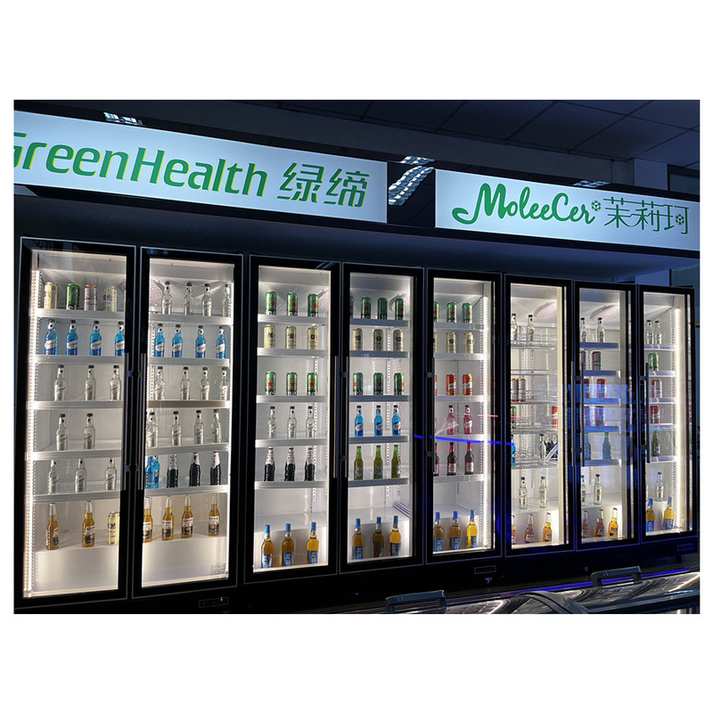 Supermercado Comercial Duas Portas de Vidro Luzes LED Multiplas Ajustáveis Display Bebidas Congelador