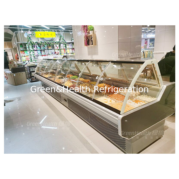 Cinza escura Frente e traseiro Vidro curvo Refrigerador de alimentos cozidos Display Refrigerador de alimentos cozidos