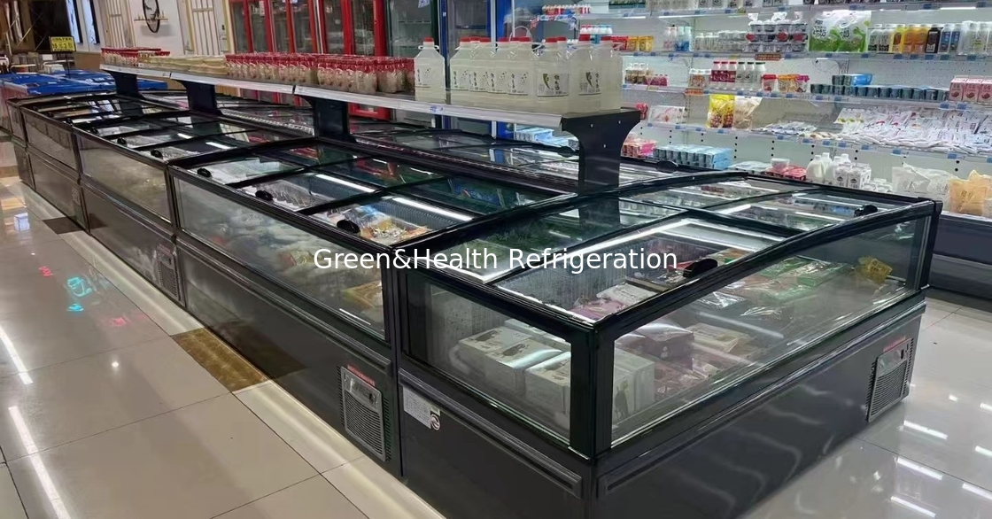 Expositor de Ilha Congelada para Carne de Peixe Congelada a -22 graus, Plug-In, para Supermercado