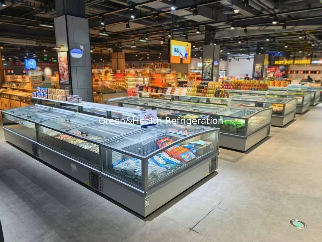 Congelador Ilha de Supermercado Congelador Panorâmico de Vidro Congelador Ilha com Degelo Automático e Iluminação LED