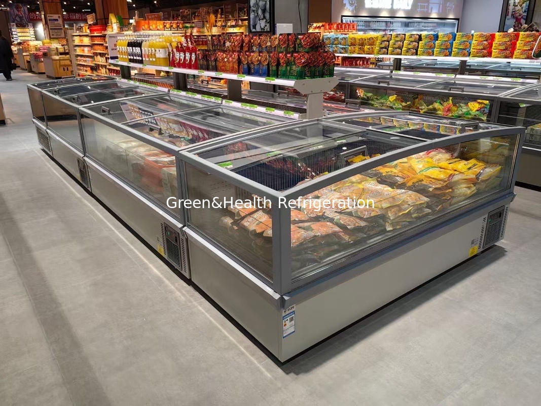 Porta de vidro panorâmica deslizante do supermercado congelador de ilha de grande capacidade congelador de caixa para exibição de alimentos congelados