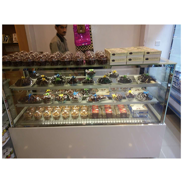 Refeitório de três camadas congelador de display de bolo com vidro endurecido de mármore e termostato digital para lojas de bolos