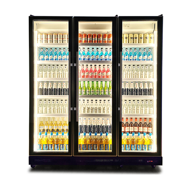 Portas de vidro comerciais Iluminação múltipla vertical Display de refrigeração de bebidas Freezer