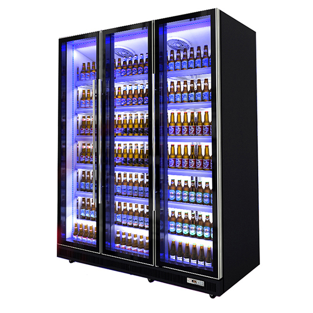 Portas de vidro comerciais Iluminação múltipla vertical Display de refrigeração de bebidas Freezer