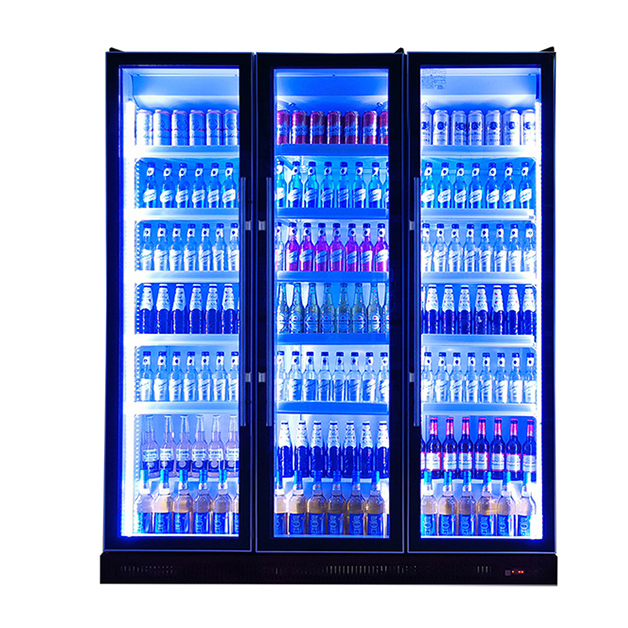 Portas de vidro comerciais Iluminação múltipla vertical Display de refrigeração de bebidas Freezer