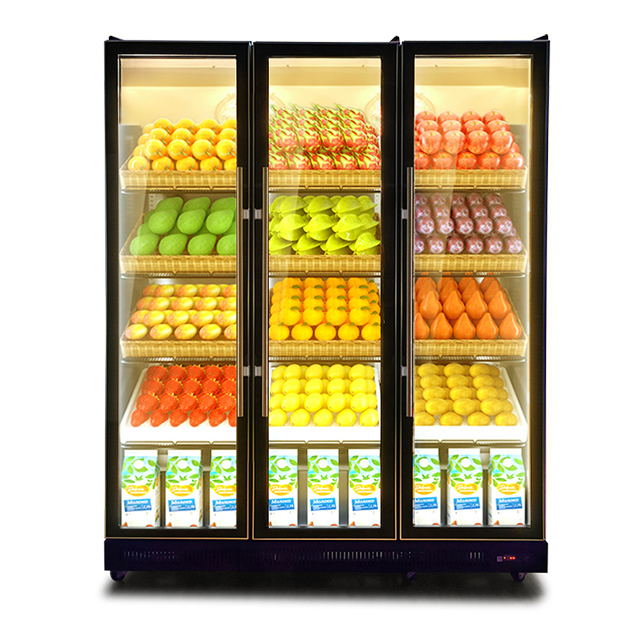 Portas de vidro comerciais Iluminação múltipla vertical Display de refrigeração de bebidas Freezer