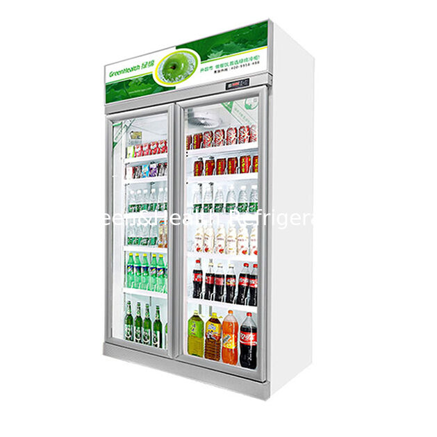 Congelador expositor de bebidas com duas portas de vidro, unidade de refrigeração montada no topo, degelo automático e volume de 1154L
