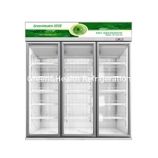 Refrigerador de exibição de bebidas com porta de vidro desembaçante tripla para supermercados com ventilação automática e prateleiras ajustáveis
