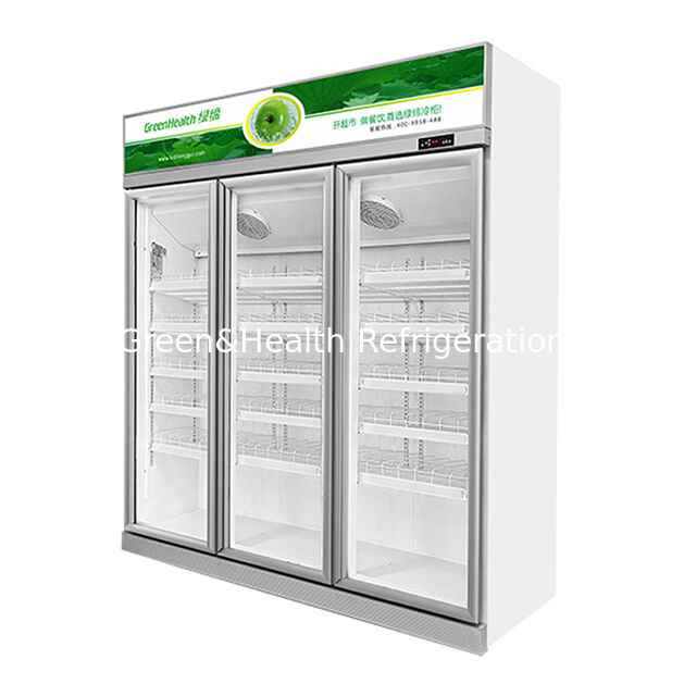 Refrigerador de exibição de bebidas com porta de vidro desembaçante tripla para supermercados com ventilação automática e prateleiras ajustáveis