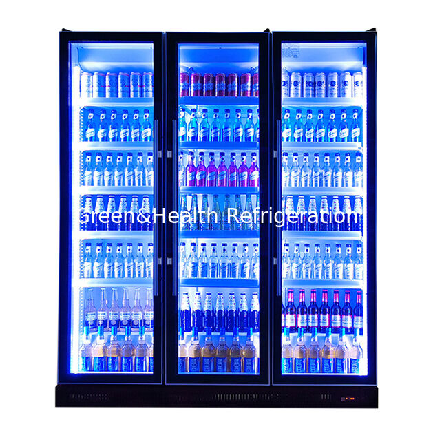 Três portas de vidro desnecessárias com luzes LED múltiplas ajustáveis para refrigeração de bebidas
