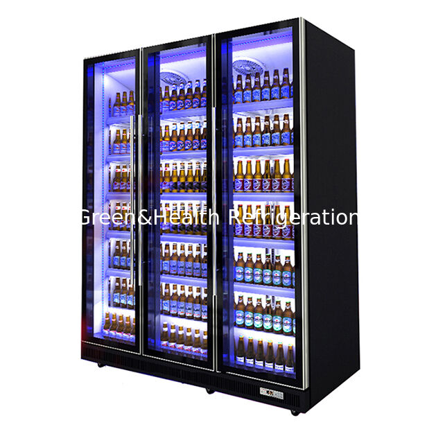 Três portas de vidro desnecessárias com luzes LED múltiplas ajustáveis para refrigeração de bebidas