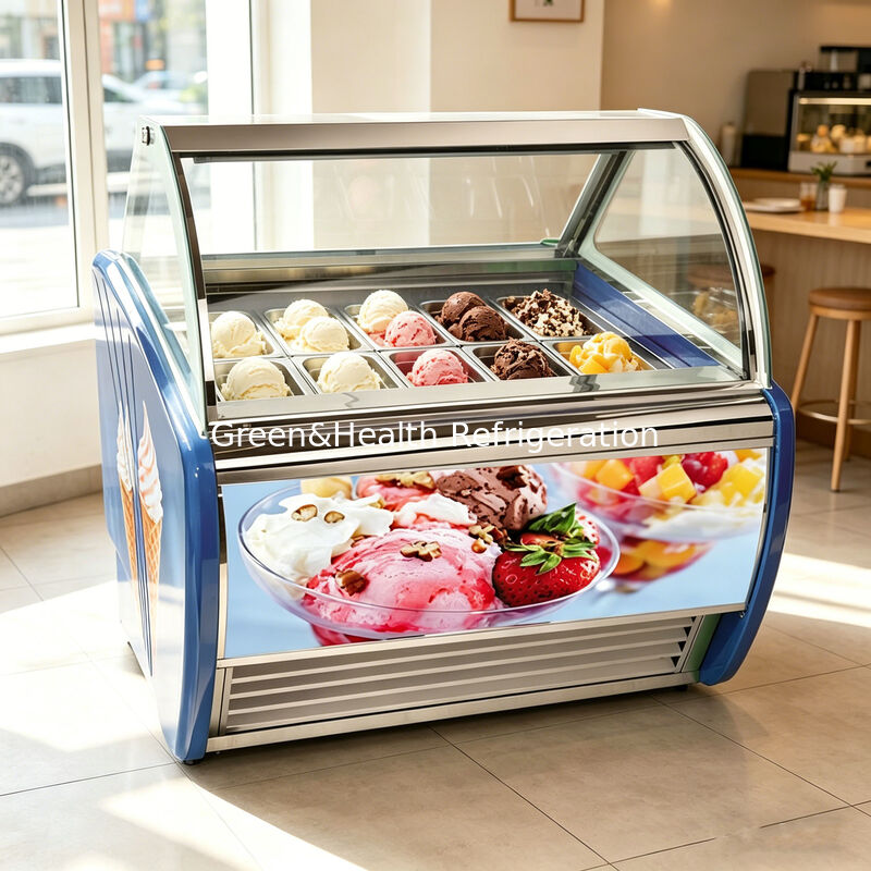 Congelador de display de gelato de aço inoxidável com termostato ajustável e compressor Danfoss