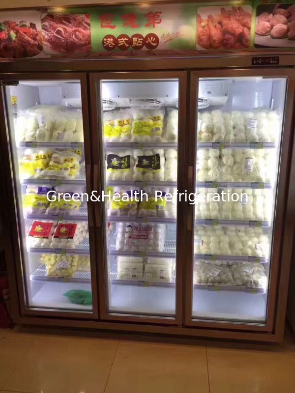 Loja de cadeia de prateleiras ajustáveis 2 porta de vidro congelador para alimentos congelados com ventilador de resfriamento
