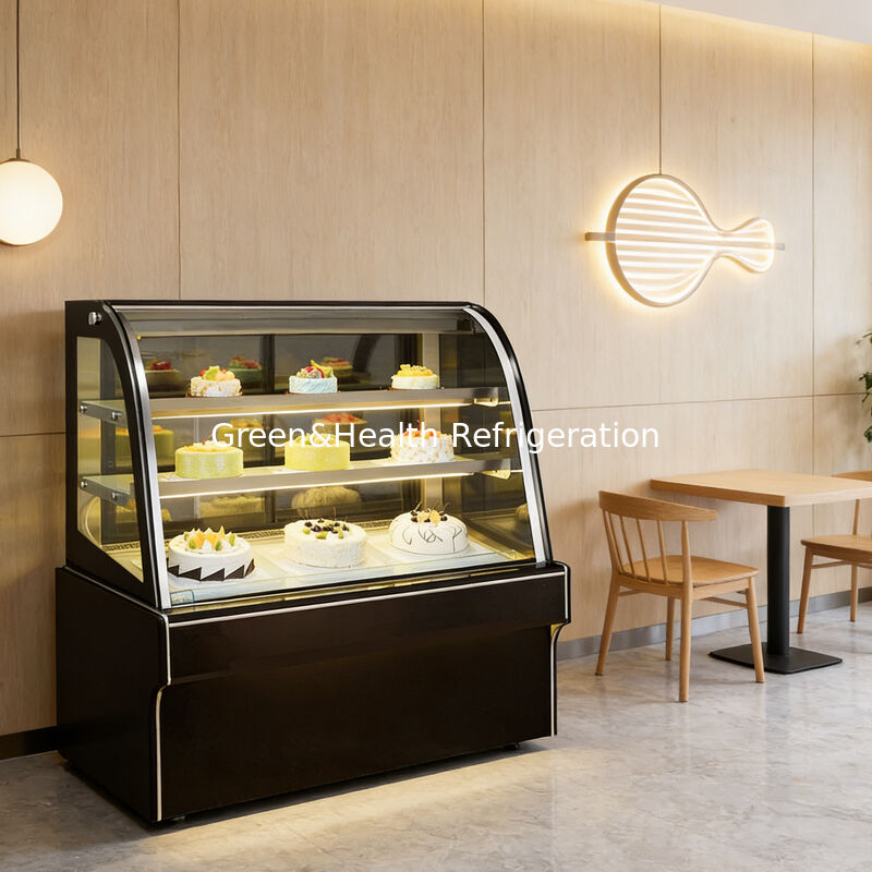 Commercial Cake Display Freezer Curved/Right angled Glass & Stainless Steel Design with Multi-tier Shelves