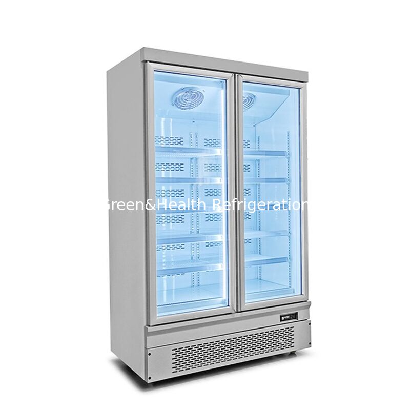 Congelador de exposição comercial vertical montado na parte inferior com 2 portas de vidro e descongelamento automático e exterior em aço inoxidável