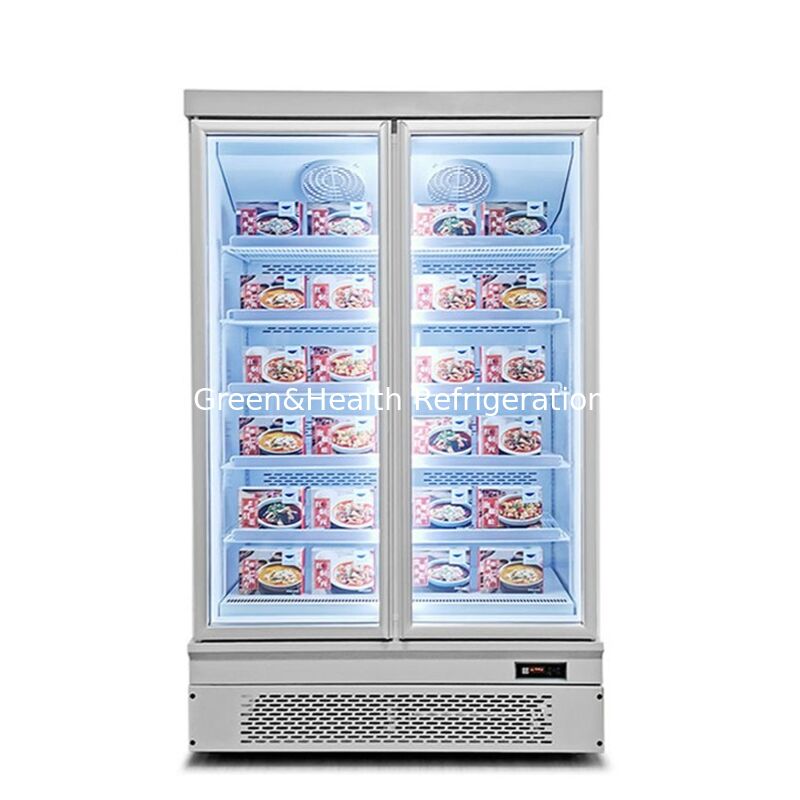 Congelador de exposição comercial vertical montado na parte inferior com 2 portas de vidro e descongelamento automático e exterior em aço inoxidável
