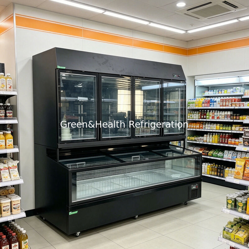 Frigorífico insular de dupla função com exterior de aço inoxidável/vidro e capacidade de 850L para exibição em supermercado