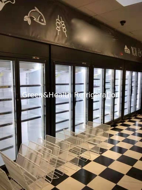 Loja de cadeia de prateleiras ajustáveis 2 porta de vidro congelador para alimentos congelados com ventilador de resfriamento