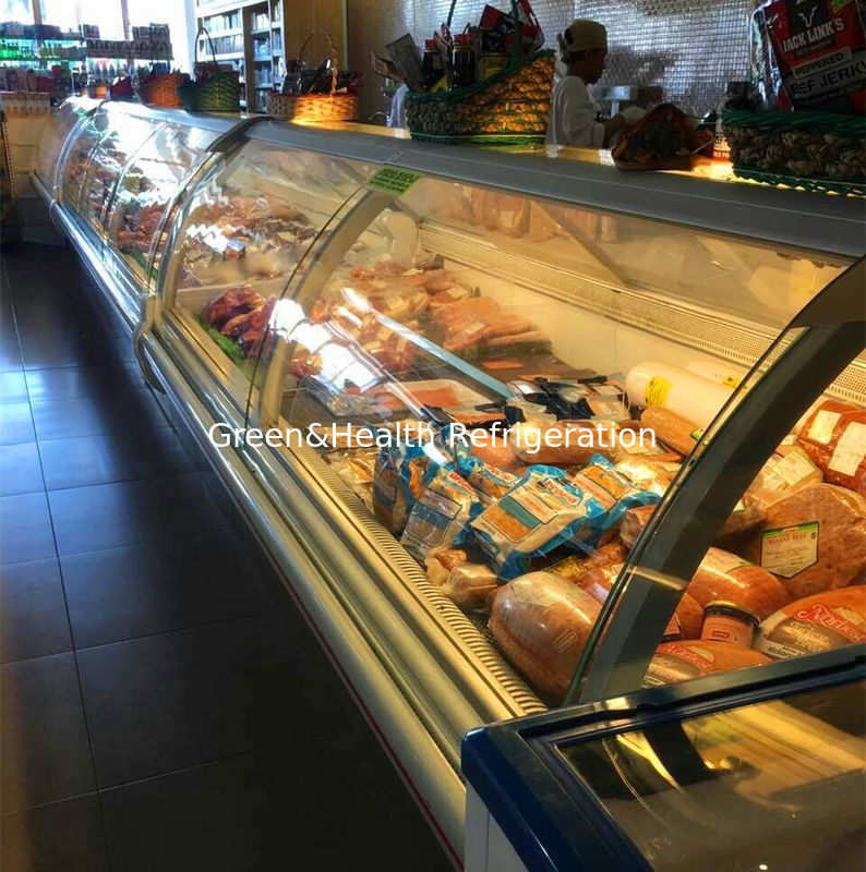 Armário comercial de exibição de carne com vidro curvo interior de aço inoxidável e sistema de refrigeração de ventilador