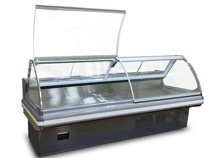 Os pratos de vidro curvados apresentam o supermercado fino indicam o refrigerador com o termostato de Digitas Elitech