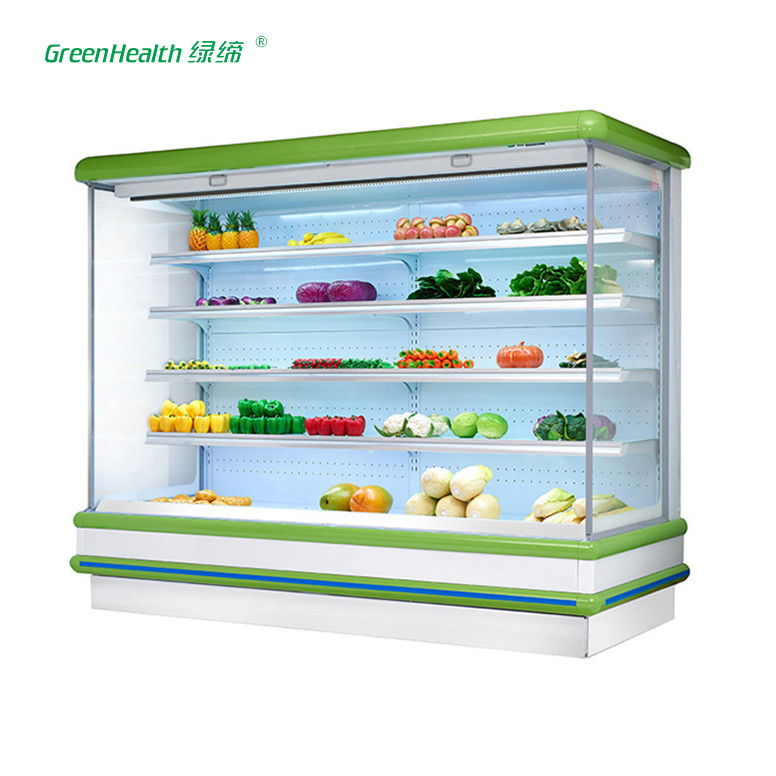 O refrigerador/fruto e Veg abertos exteriores de Multideck do supermercado comercial indicam o refrigerador